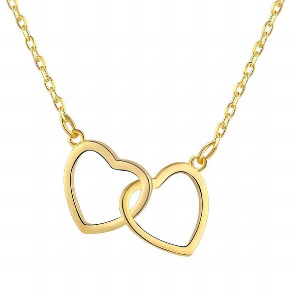 18K Gold Plated Women's Dual Interlocking Heart Necklace Romantic Love Gift - Picture 1 of 12